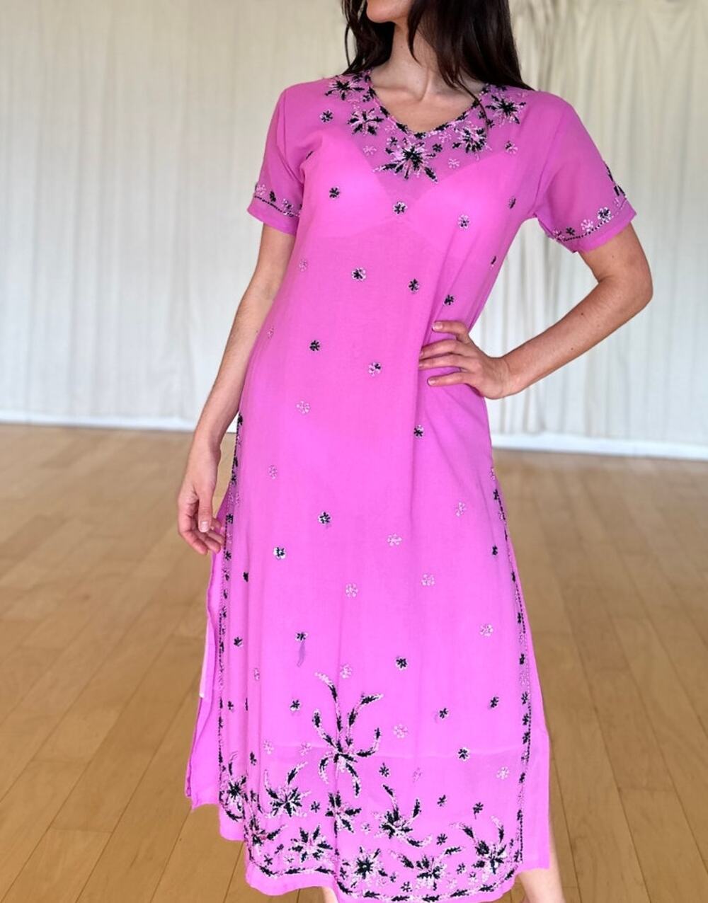 Women's Medium Kurta Dress Pink Embroidered Sequin Silky Semi Sheer Vintage